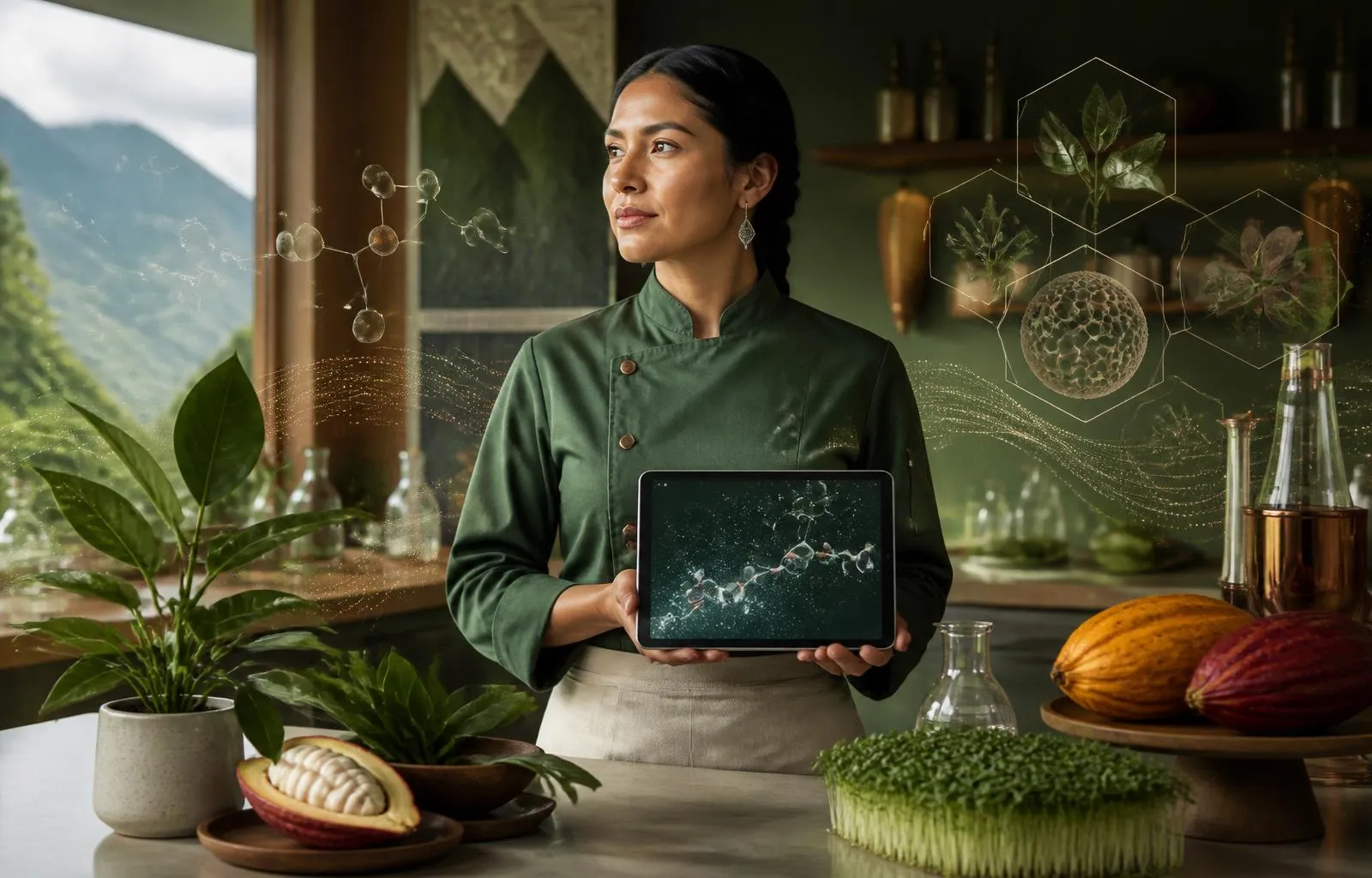 Verde Origen food scientist reviewing molecular data alongside native Ecuadorian ingredients