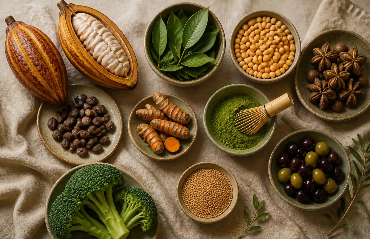 A spread of global functional ingredients including Ecuadorian cacao, guayusa, broccoli, mustard seeds, turmeric and matcha