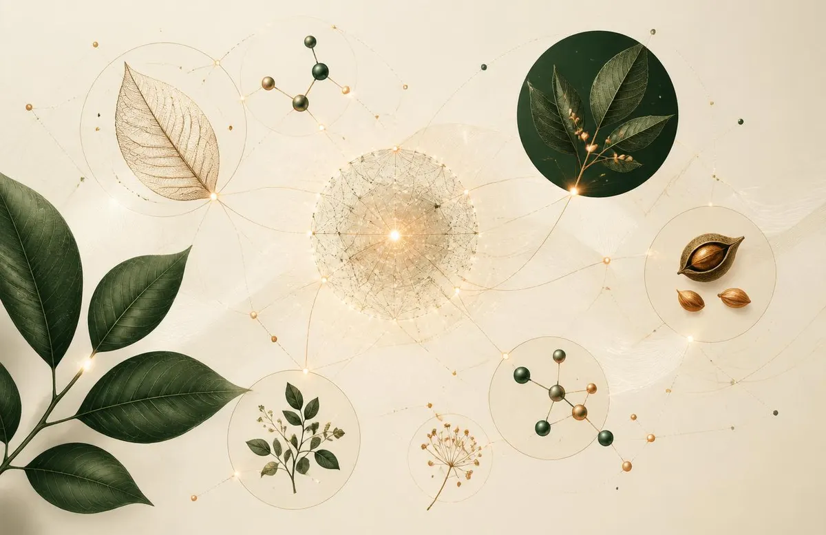 Illustration of botanicals and molecules connected by a network of light