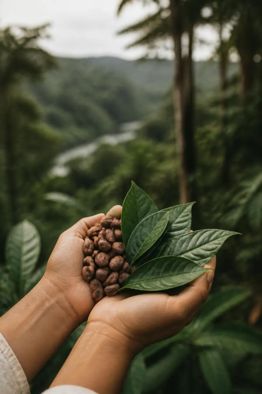 Hands holding cacao beans and guayusa leaves over the Ecuadorian Amazon